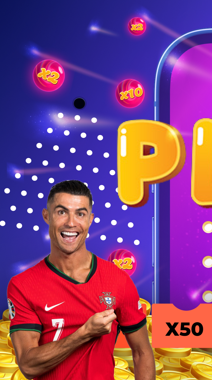 Cristiano Ronaldo sorrindo, vestindo a camisola da seleção portuguesa, ao lado do jogo Plinko com multiplicadores como x2 e x10, e moedas de ouro ao fundo.