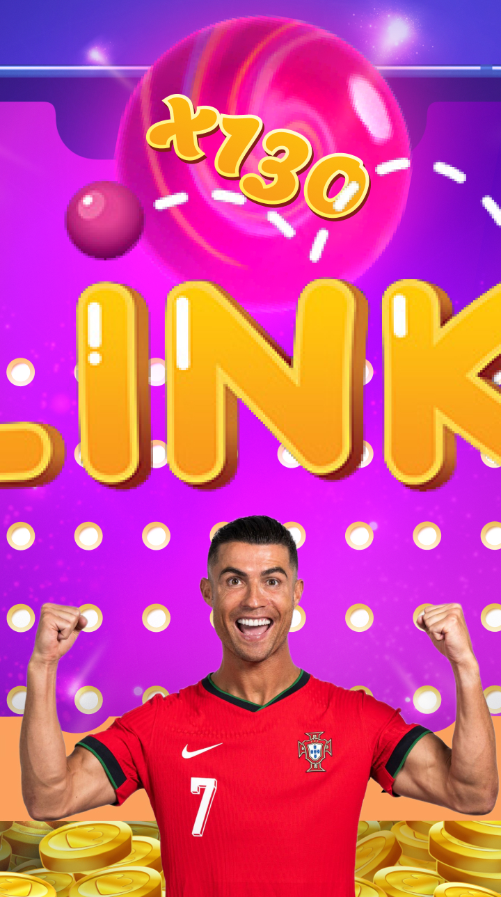 Cristiano Ronaldo celebrando com os braços erguidos, em frente ao jogo Plinko com multiplicador x130 e várias bolas coloridas com multiplicadores como x50 e x100.