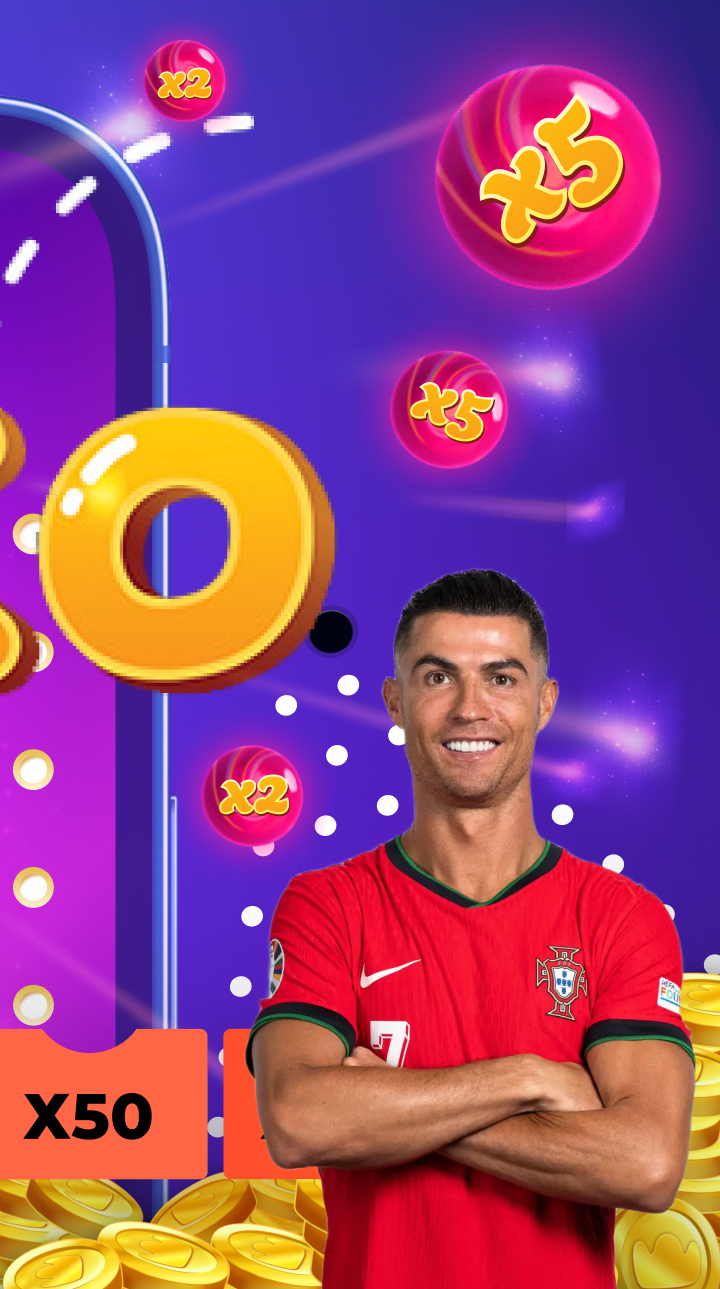 Cristiano Ronaldo comemorando com os punhos cerrados, destacando o multiplicador x130 no jogo Plinko, com um fundo roxo brilhante e moedas de ouro.