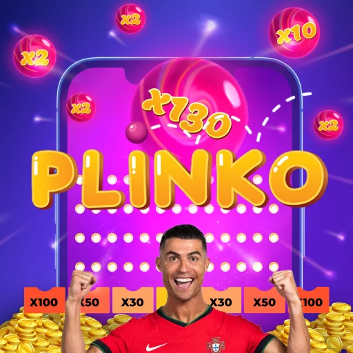 Cristiano Ronaldo de braços cruzados, vestindo a camisola da seleção portuguesa, ao lado do jogo Plinko com multiplicadores como x2, x5 e moedas de ouro empilhadas.
